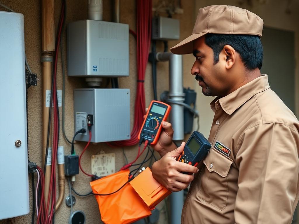 Technician checking an inverter battery at a customer site in Gurugram